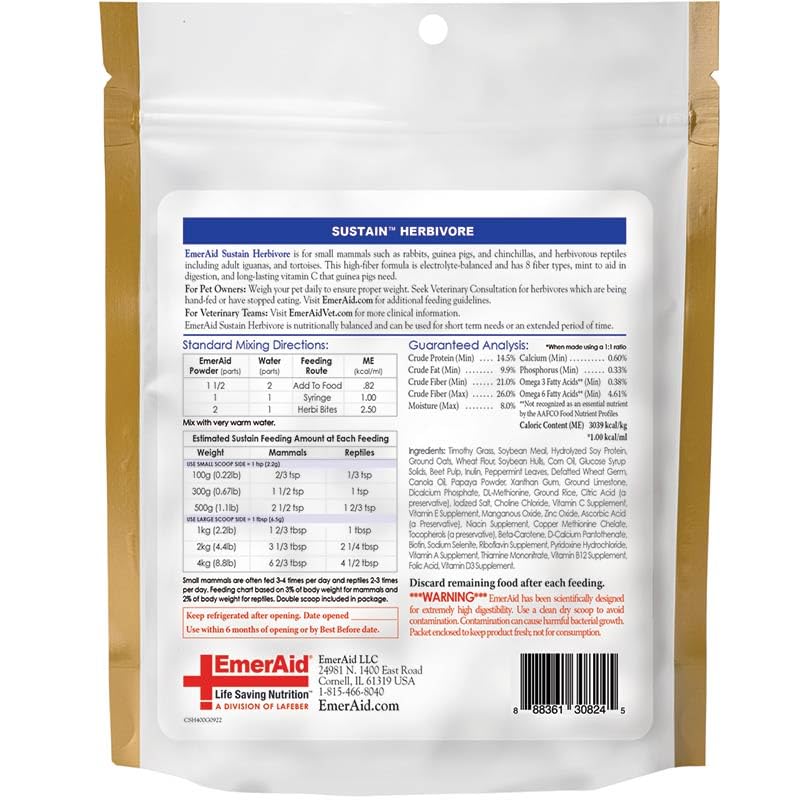 EMERAID Sustain Life Saving Nutrition for Herbivores, Made with Non-GMO and Human Grade Ingredients, 400g Ba