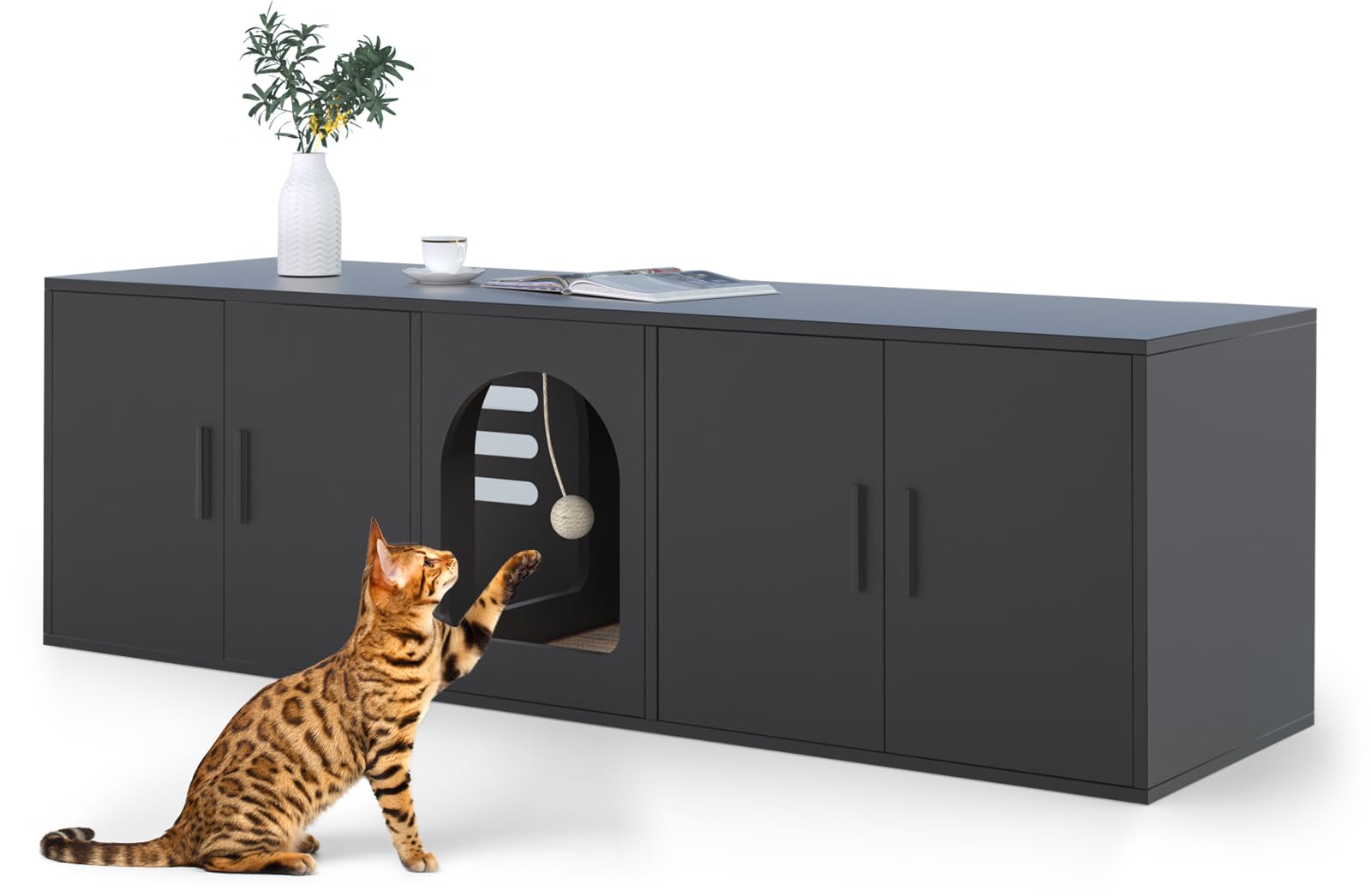 Amunrbrek Litter Box Enclosure for 2 Cats, Cat Litter Box Enclosure Furniture with Double Room, Wooden Litter Box Furniture with