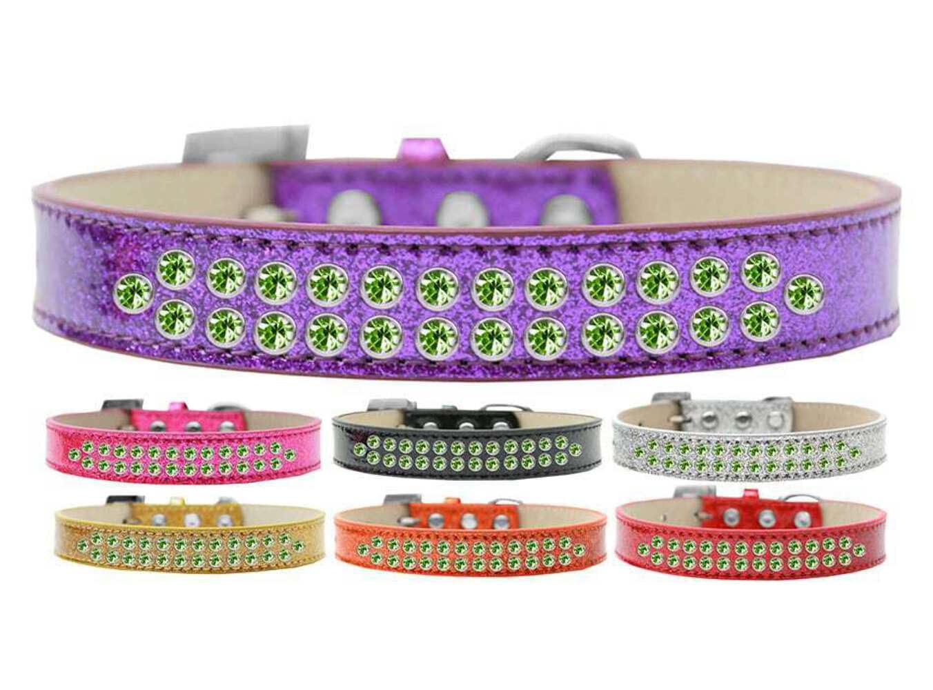 Dog, Puppy & Pet Ice Cream Collar, Two Row Lime Green Crystal Rimsets Silver 18