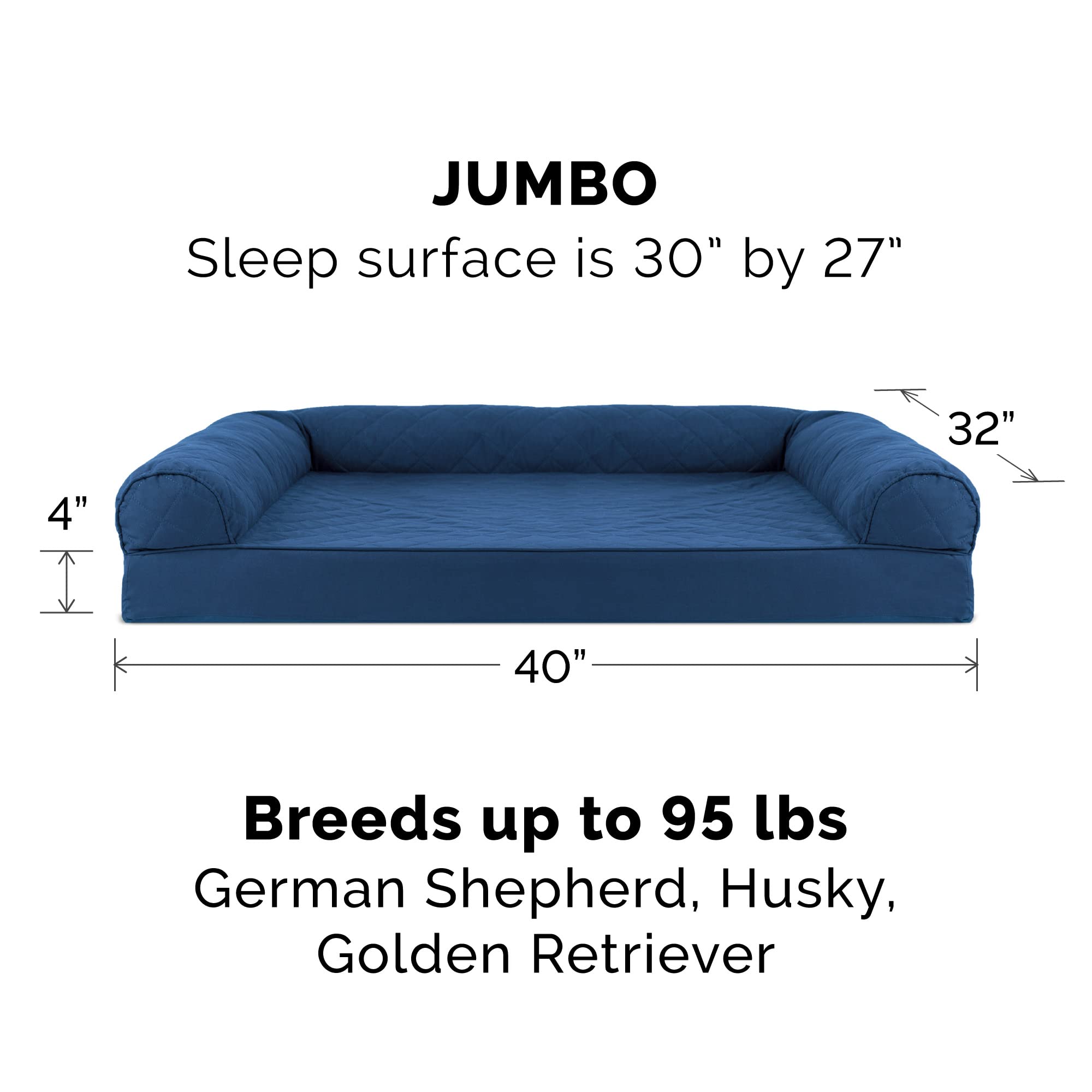Furhaven Orthopedic Dog Bed For Large Dogs W/ Removable Bolsters & Washable Cover, For Dogs Up To 95 Lbs - Quilted Sofa - Navy (Blue), Jumbo/Xl