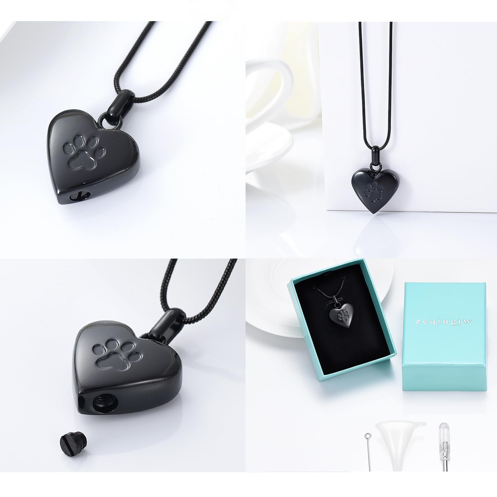 Zeqingjw Pet Cremation Jewelry For Ashes Pendant Paw Print Pet Heart Urn Necklace Memorial Keepsake Jewelry For Pet/Dog'S/Cat'S Ashes (Black)