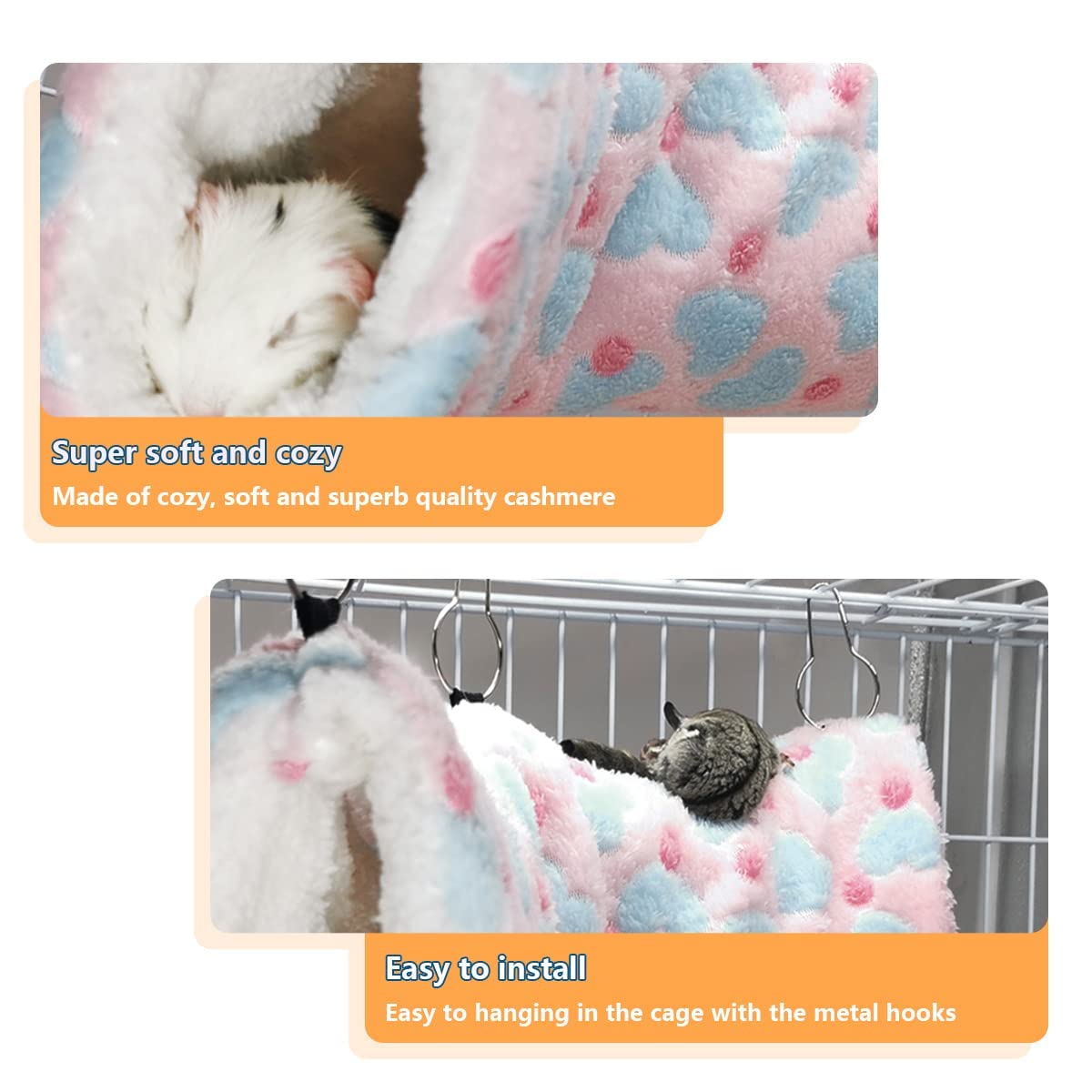Leftstarer Guinea Pig Ferret Rat Hammock Toy Small Animal Cage Accessories Hideout Tunnel & Bunkbed Hammock For Rat Ferret Guinea Pig Hamster Sugar Glider Chinchilla (Hammock Set Heart-Pink)