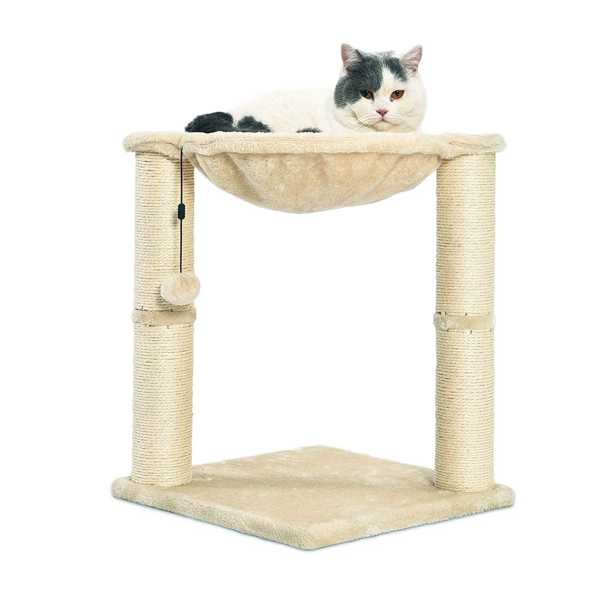Amazon Basics Cat Tower - Indoor Cat & Kittens Hammock Tower With Scratching Posts And Dangling Ball, (19.7''H) - Beige