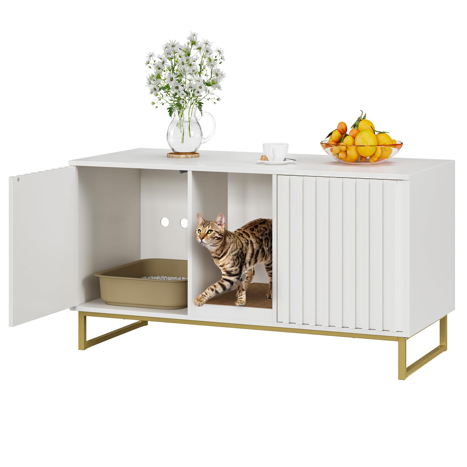 Cat Litter Box Enclosure For 2 Cats, 47.6'' Litter Box Furniture Hidden With Cat Scratch Pad, Double Room Large Cat Cabinet, Ind