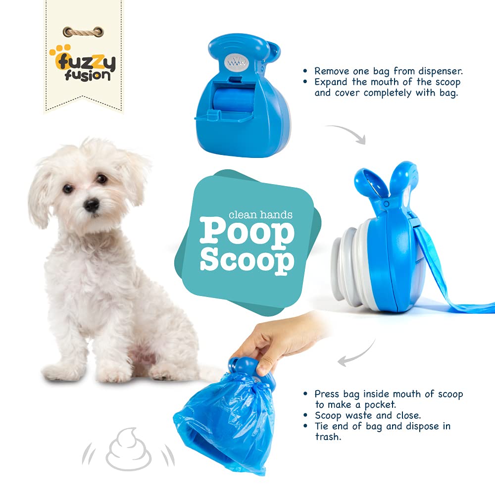 Dog Poop Scoop With Waste Bag Dispenser - Blue, 10 Refill Bags And Expandable Silicone Body - Compact Portable Design For Easy S