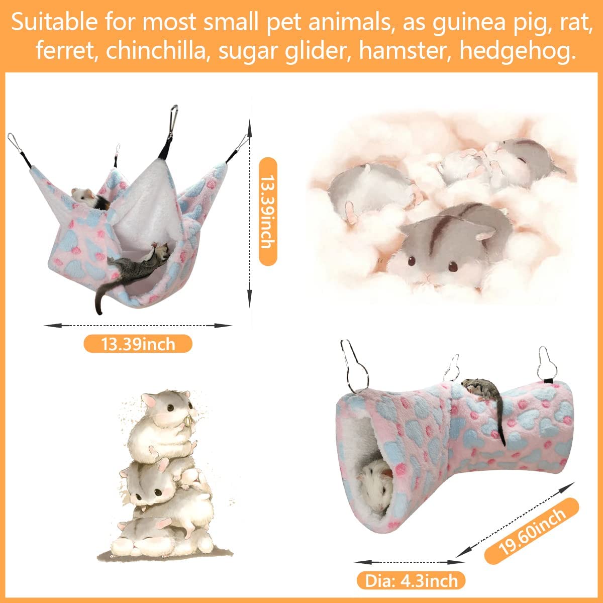 Leftstarer Guinea Pig Ferret Rat Hammock Toy Small Animal Cage Accessories Hideout Tunnel & Bunkbed Hammock For Rat Ferret Guinea Pig Hamster Sugar Glider Chinchilla (Hammock Set Heart-Pink)