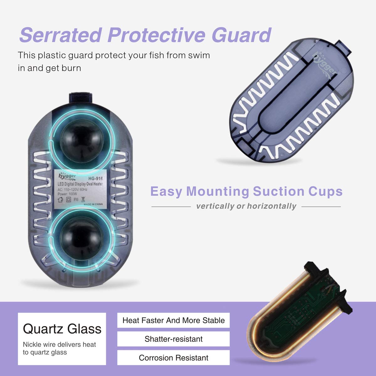 Hygger Mini Glass Aquarium Heater Adjustable Led Digital Temperature Display Small Tank Heater For Turtle Betta Fish Bowl With Protective Guard 50W