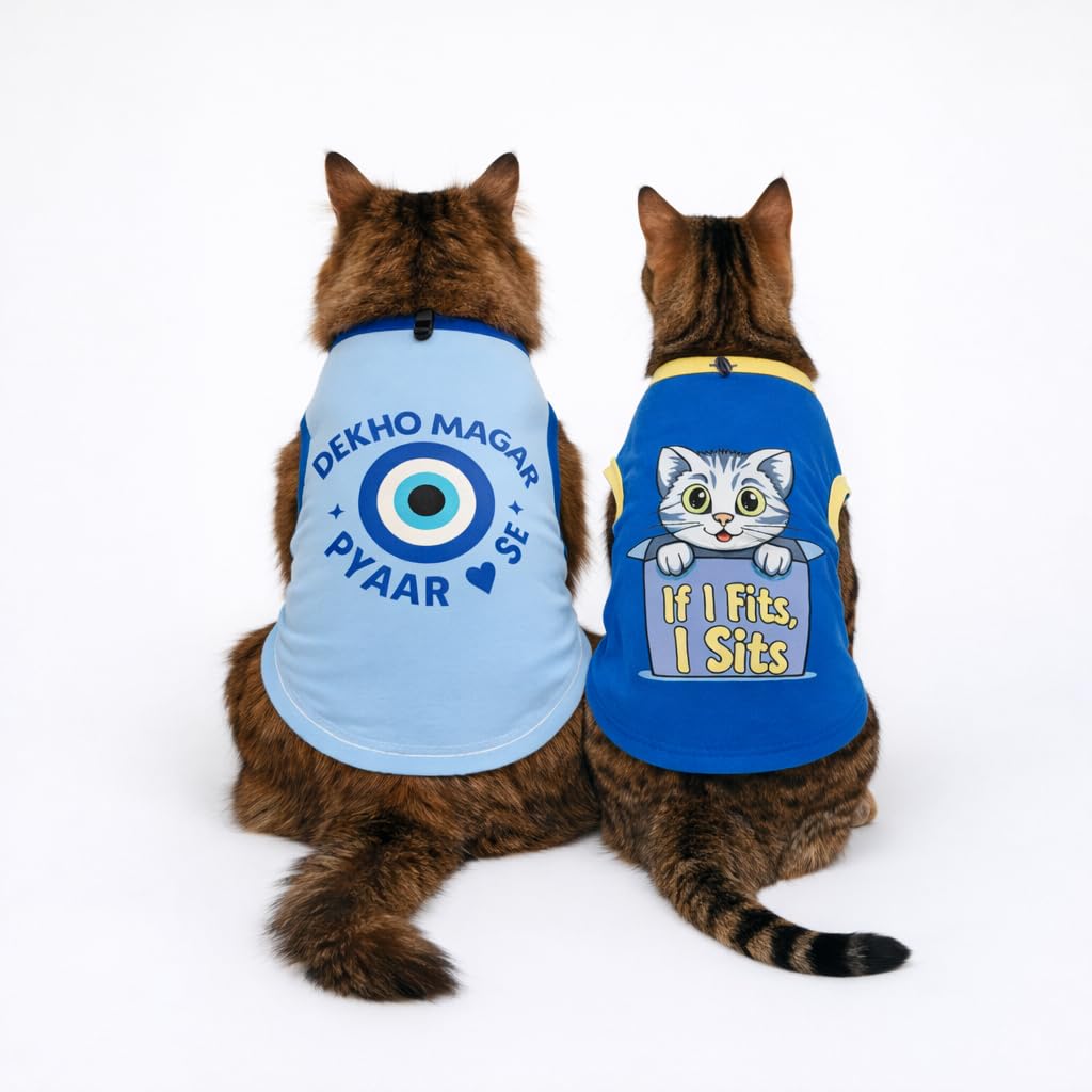 Thunder Tails Cat TShirt Pack Of 2 For Big Cats Of 5 To 7 Kgs | Cotton Cat Clothes For Persian, Indie, Maine Coon, Turkish Ango