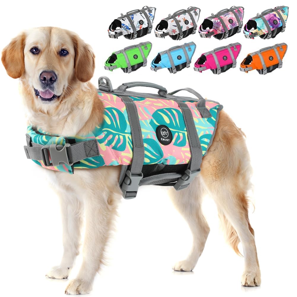 EMUST Life Jackets for Dogs, Adjustable Small/Medium/Large Dog Swim Vest for Water Safety Pet Life Vest with Rescue Handle Safet