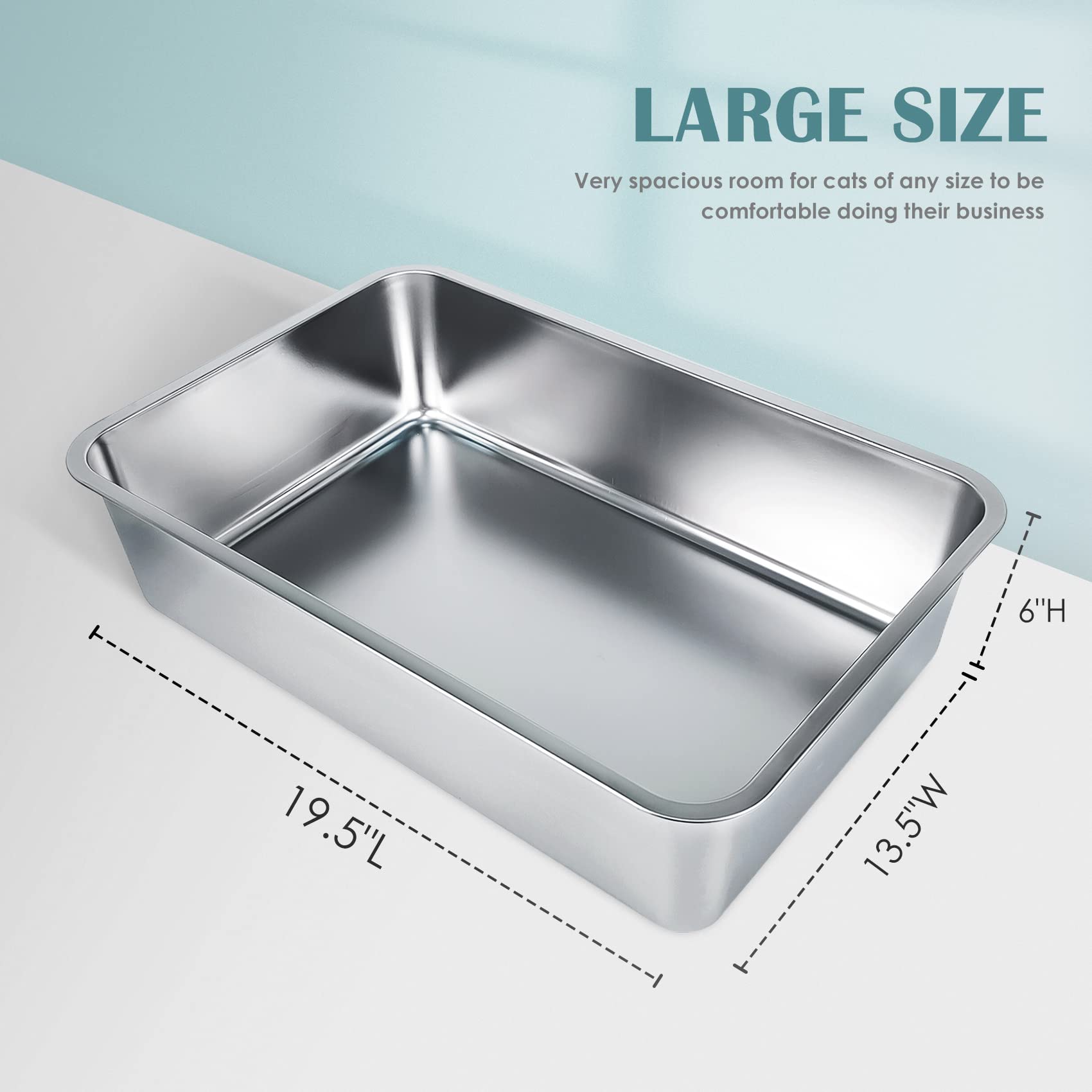 Ikitchen Stainless Steel Cat Litter Box, Large Metal Litter Box For Cats Rabbits, Never Absorbs Odors,Stain Free, Rustproof, Non Stick Smooth Surface, Anti-Slip Rubber Bottom, 19.5'L X 13.5'W X 6'H
