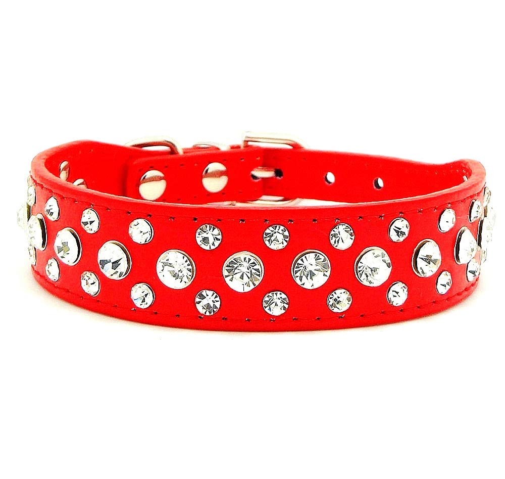Haoyueer Bling Rhinestone Pu Leather Crystal Diamond Pet Dog Cat Puppy Collar Black S M L Xl(Red,L)