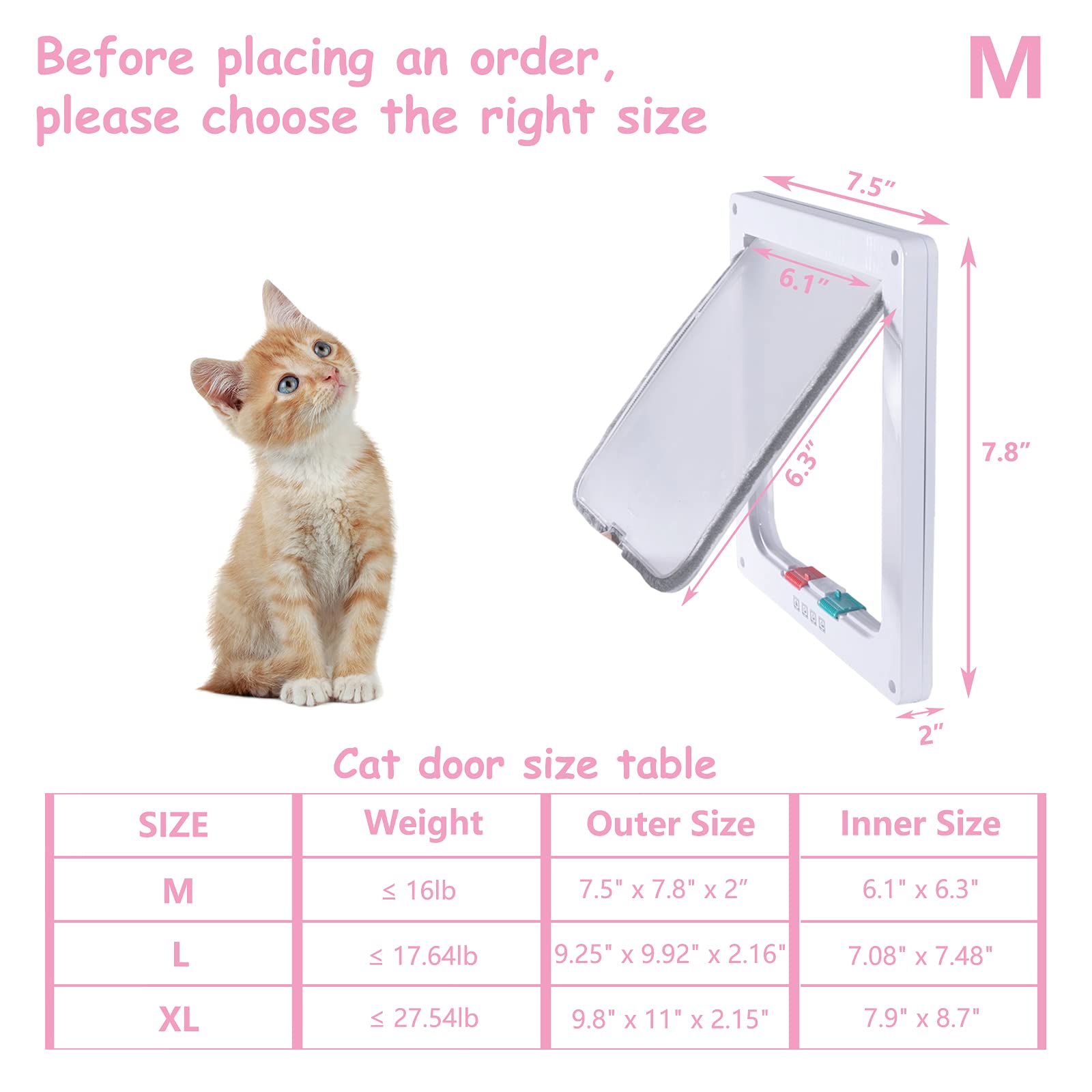 Goteamghjkl Cat Door Flap (Outer Size 7.5' X 7.8'), 4 Way Locking Medium Cat Door For Interior Exterior Doors, Weatherproof Pet Door For Cats Doggie Kitty And Kittens With Circumference < 15.75'