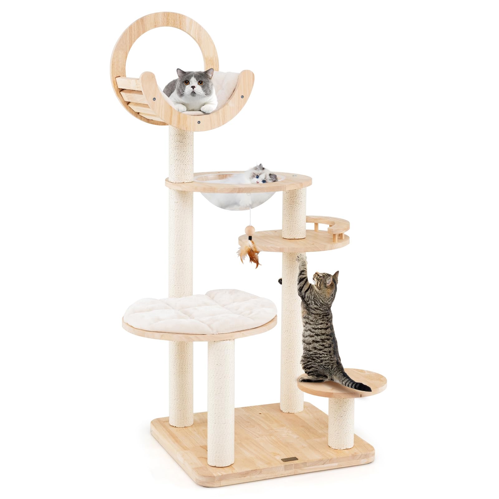 Petsite 57 Inches Tall Wooden Cat Tree, Multi-Level Cat Tower With Scratching Posts, Space Capsule Bed, Padded Platform And Hang