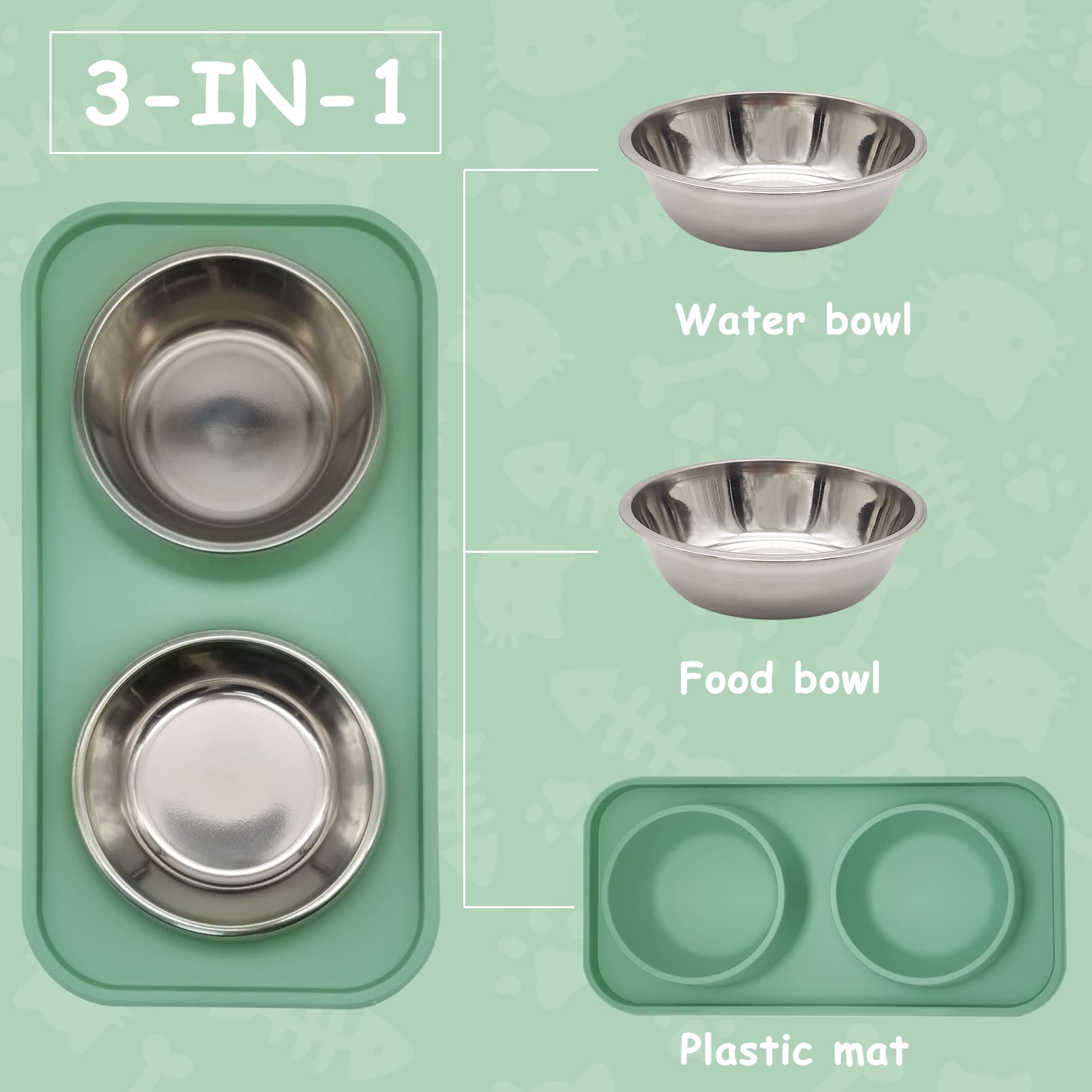 BNOSDM Double Dog Food Bowls Stainless Steel Dog Food and Water Bowls with Non-Spill Plastic Mat Pet Cat Feeder Bowl Set for Pup