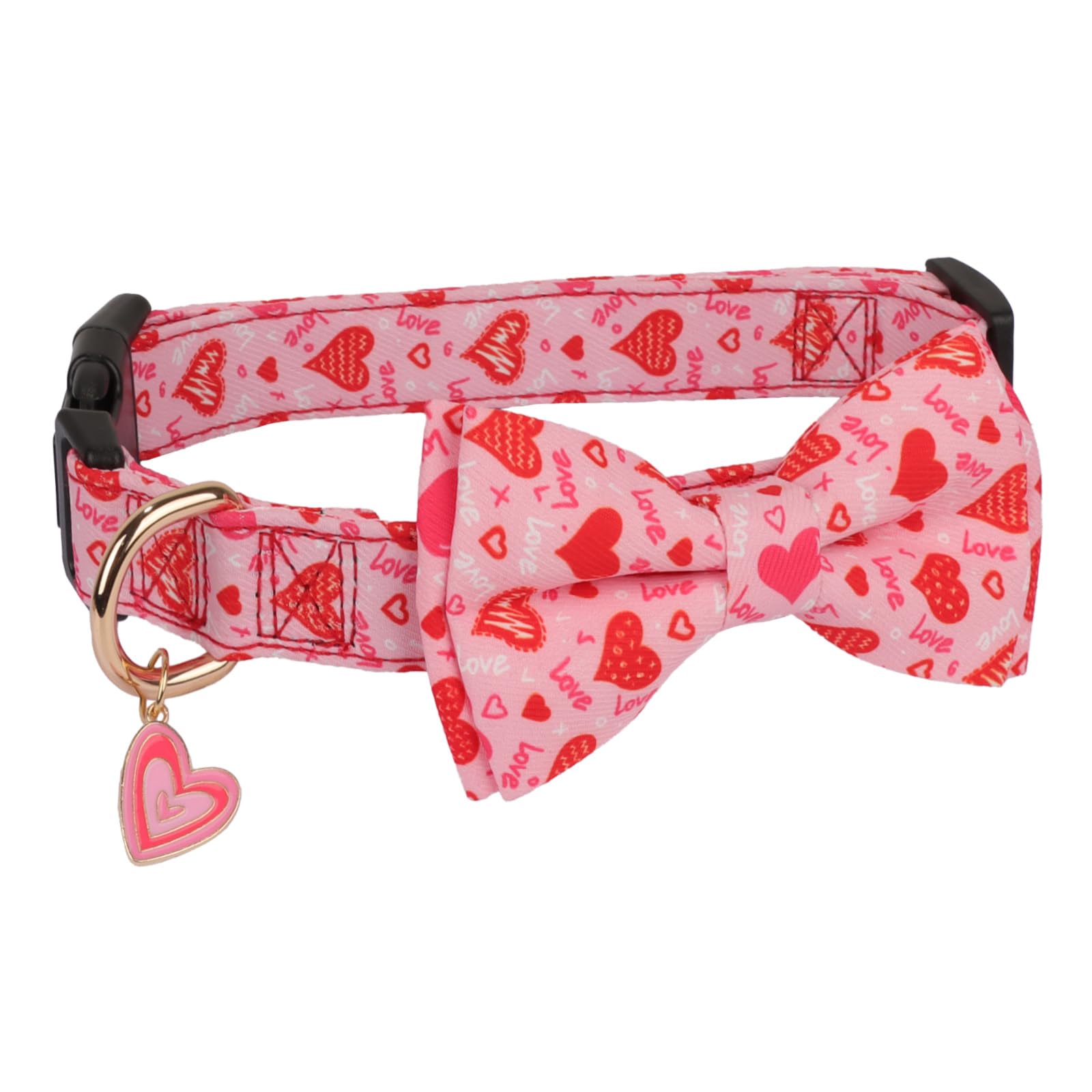 Ptdecor Valentine Dog Collar With Bowtie Adjustable Pink Love Heart Pet Collars Valentine Collars For Large Dogs Pets (Large)