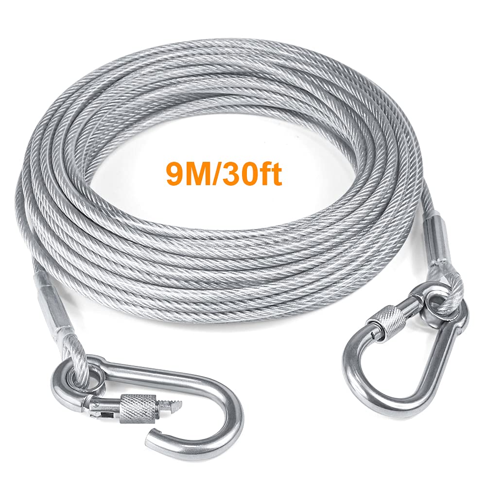 Tresbro 30Ft Reflective Dog Tie Out Cable For Dogs Up To 250 Pounds, Steel Wire Dog Leash Cable With Stainless Dual Fix Buckle,