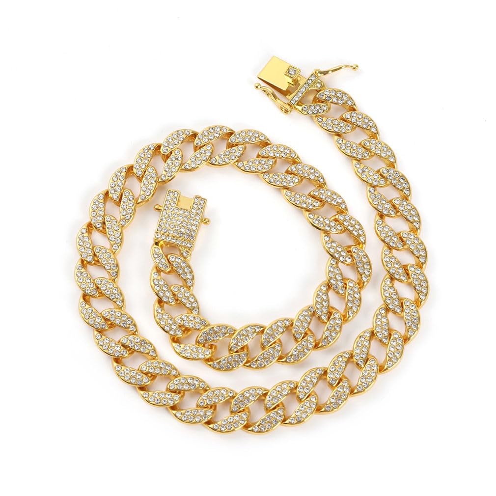 Gold Chain Dog Collar For Large Dogs, Glitter Rhinestone Sparkly Diamond Bling Jewelry Metal Cuban Link Bling Dog Necklace For S