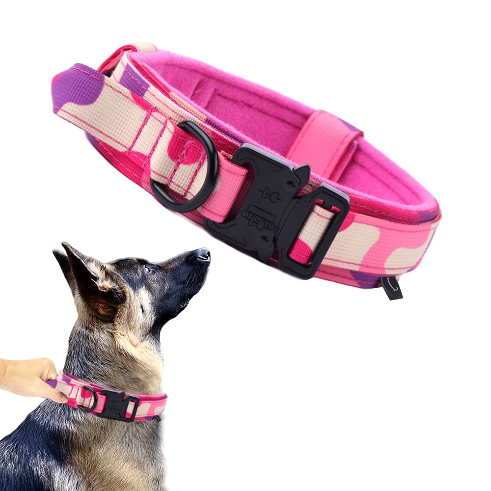 Tactical Dog Collar Military Dog Collar Adjustable Nylon Dog Collar Heavy Duty Metal Buckle With Handle For Dog Training (Pink Camo,M)