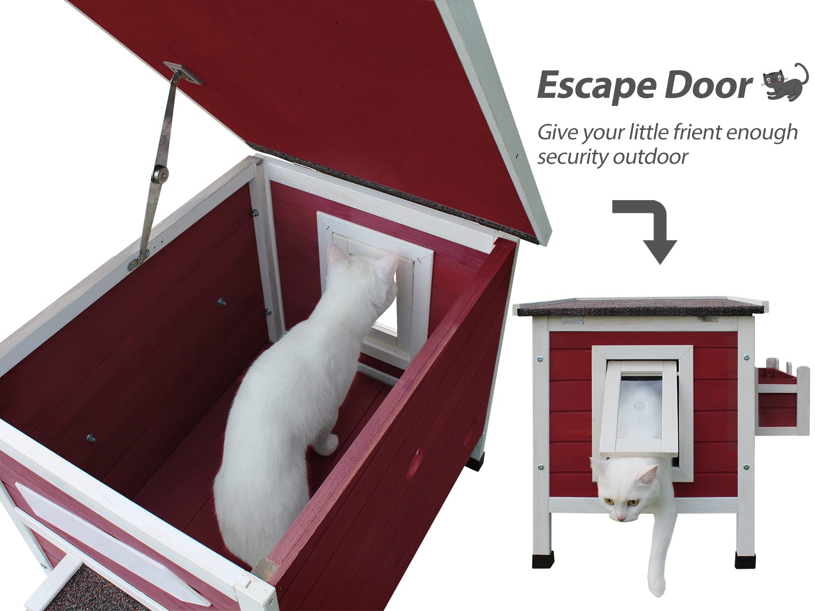 Rockever Outdoor Cat House, Large Outdoor Houses For Feral Cats Wooden Outside Cat Shelter Weatherproof With Escape Door