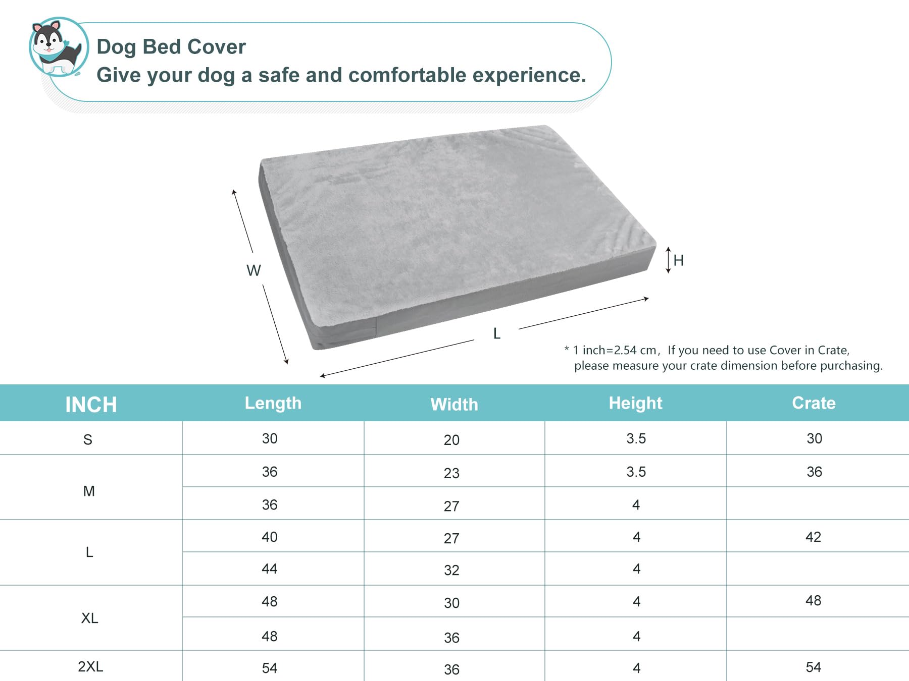 Explore Land Waterproof Dog Bed Cover Machine Washable Fluffy Dog Bed Replacement Cover For 54 Inch Crate, 54Lx36Wx4H Inch, Gray