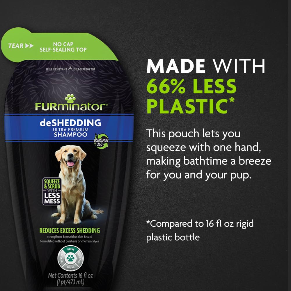 Furminator Deshedding Shampoo Squeezable Pouch,16 Fluid Ounces, Moisturizing Deshedding Shampoo For Dogs In Self-Sealing,Spill-R