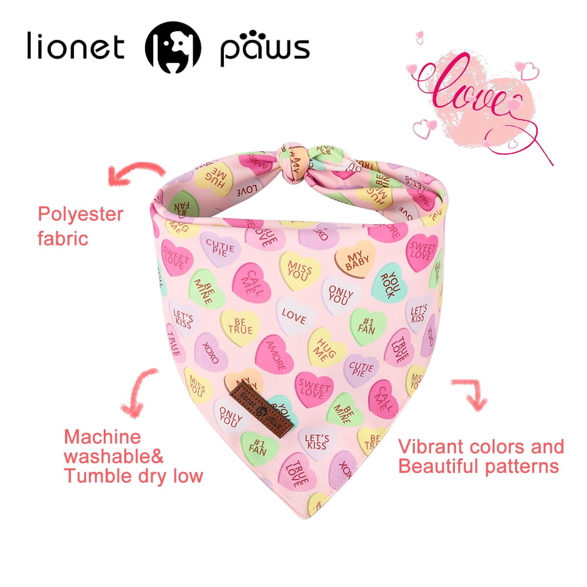Lionet Paws Valentine'S 2Pcs Dog Bandanas, Red Floral Dog Scarf Bib Premium Fabric, Happy Valentine Heart Bandanas For Small Med