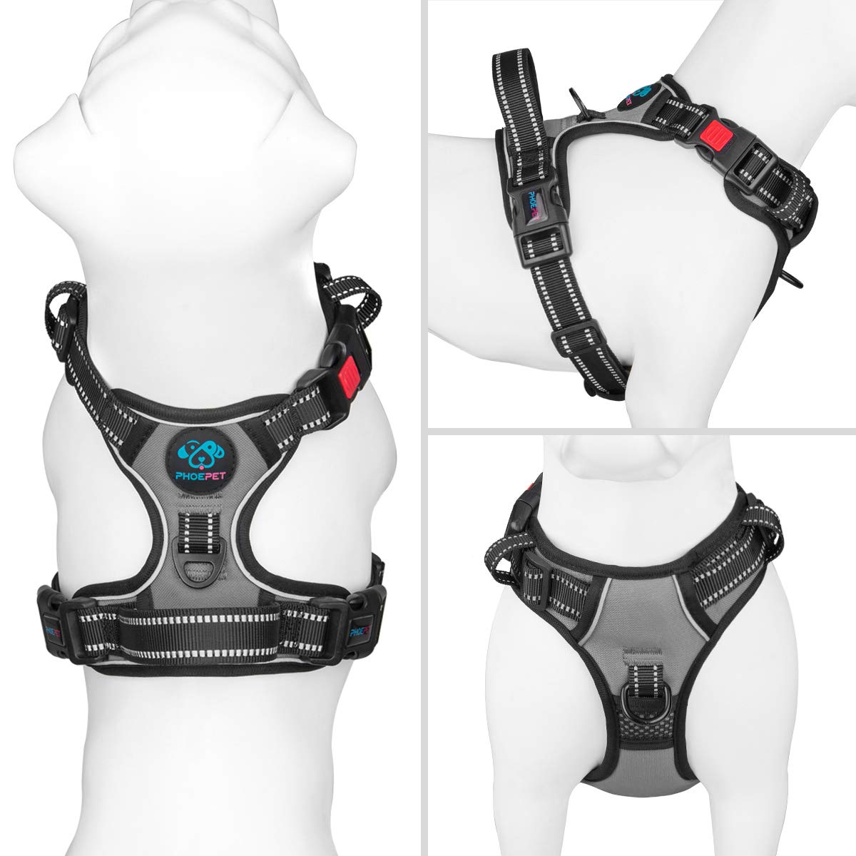 Phoepet No Pull Dog Harness Medium Reflective Front Clip Vest With Handle,Adjustable 2 Metal Rings 3 Buckles,[Easy To Put On & T