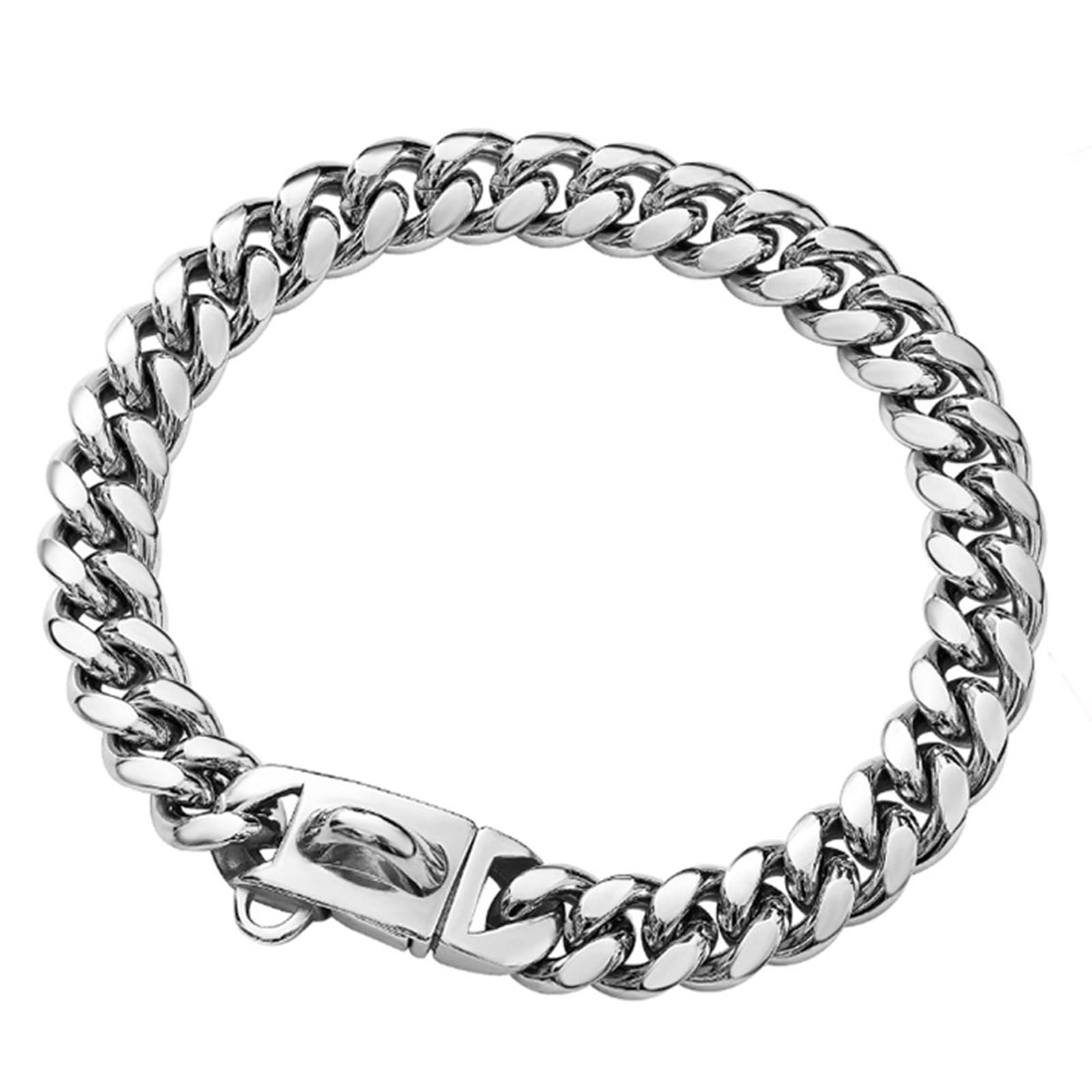 Yowity Strong Stainless Steel Silver Metal Dog Collars with New Secure Buckle,14MM Cuban Lock Link Chain Training Collar Necklac
