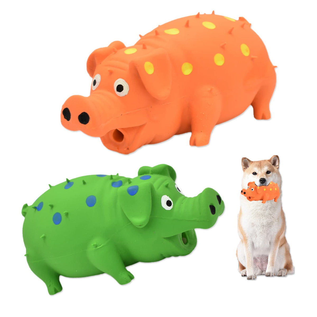 Hchyey Pig Squeaky Dog Toy, 2 Pcs Interactive Rubber Pig Dog Chew Toy - Durable Latex Spot Grunting Pig Dog Toys That Oink For Small Medium Large Dogs (Orange, Green)