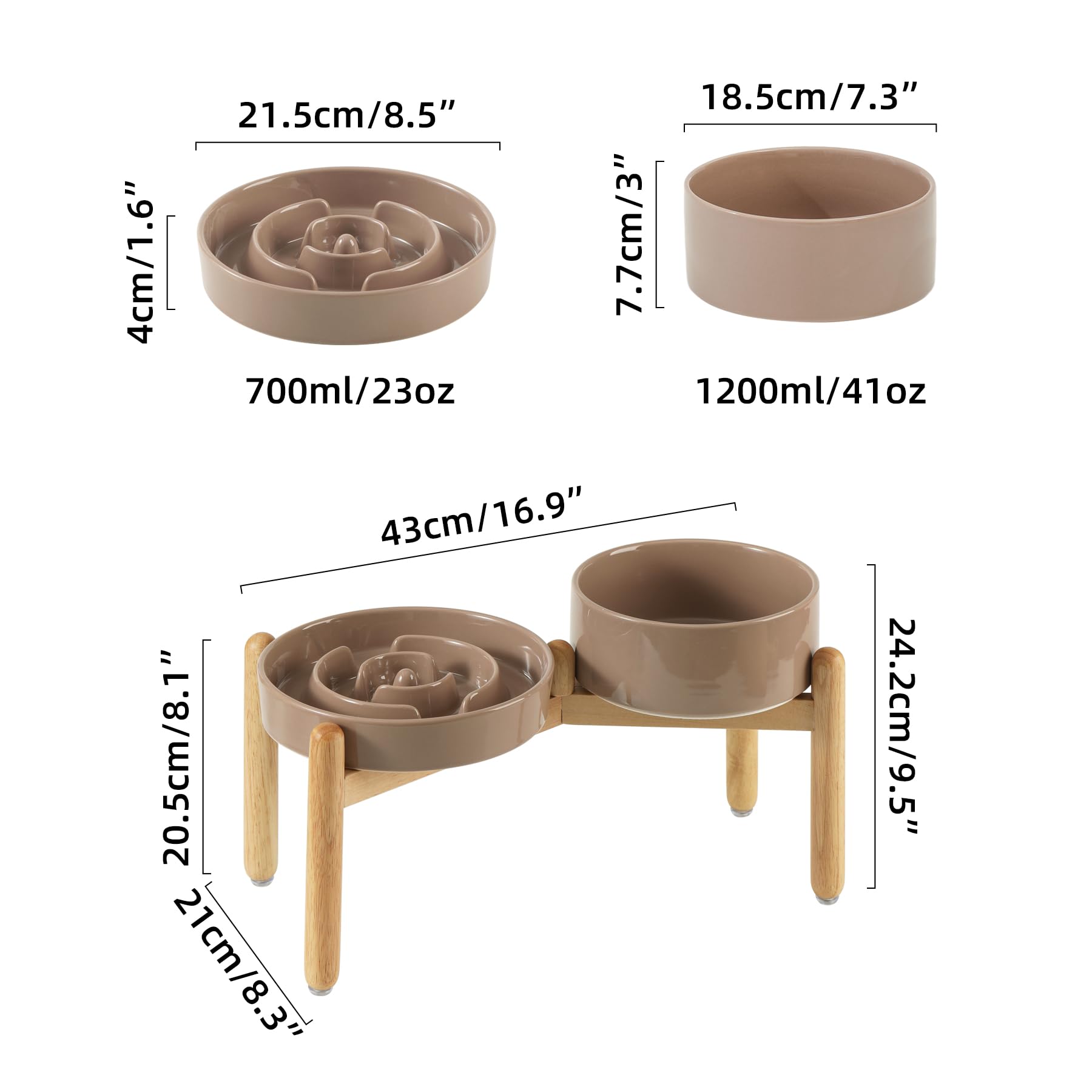 Havniva Ceramic Raised Slow Feeder Dog Bowl Set, Elevated 7.3Inch Bowl And 8.2Inch Puzzle Slow Dish With Wooden Stand For Medium