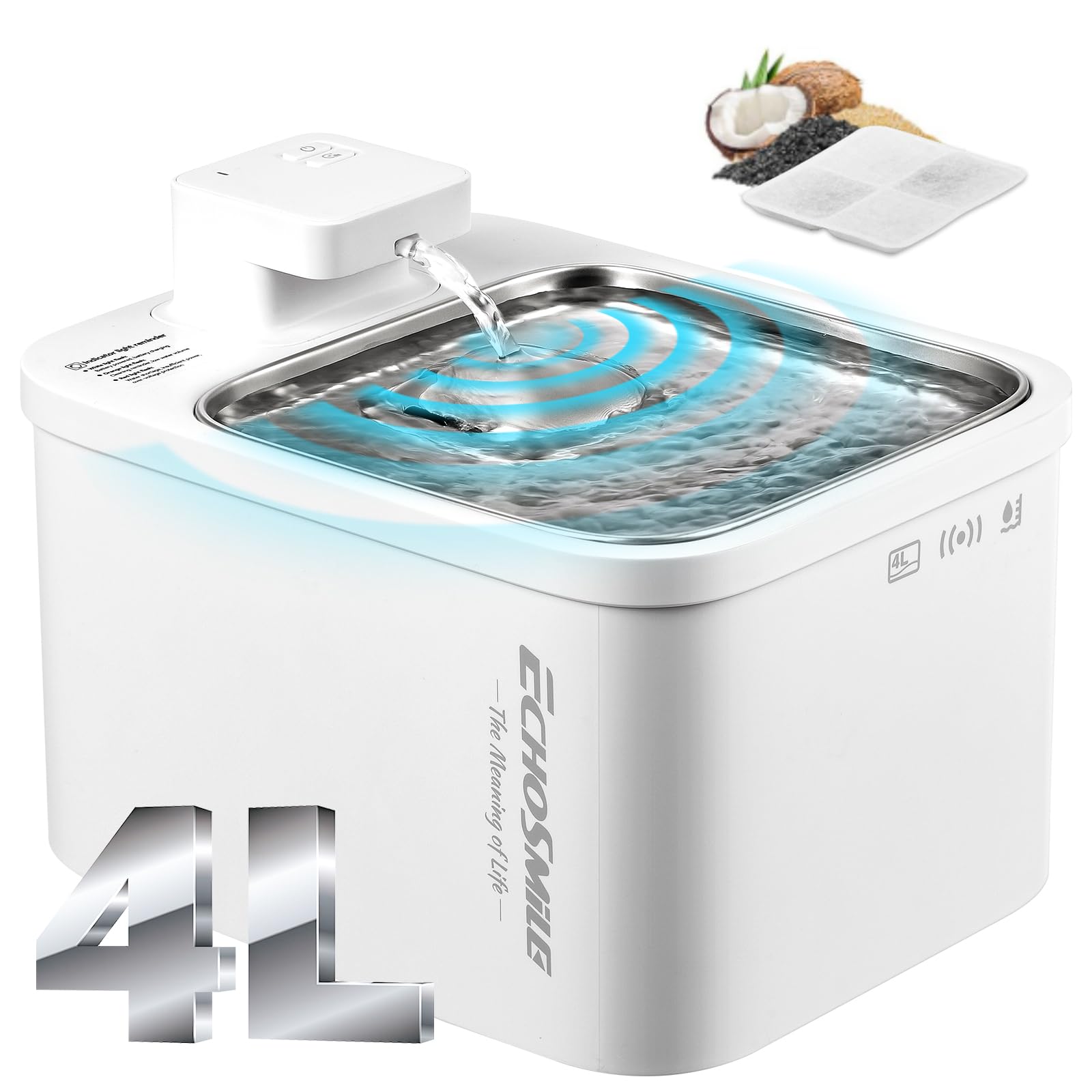 Echosmile 4L Cordless Pet Fountain - Quiet Pump, Filter Included