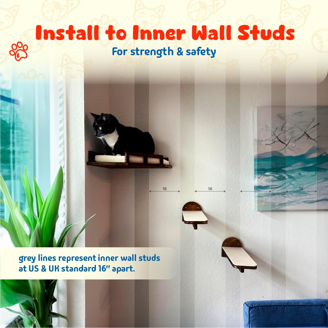 Daphinx Cat Wall Shelves, 2 Steps, 1 Corner Shelf. Wall Mounted Cat Furniture, Cat Climbing Shelves, Large Cats Climber Set, Dar