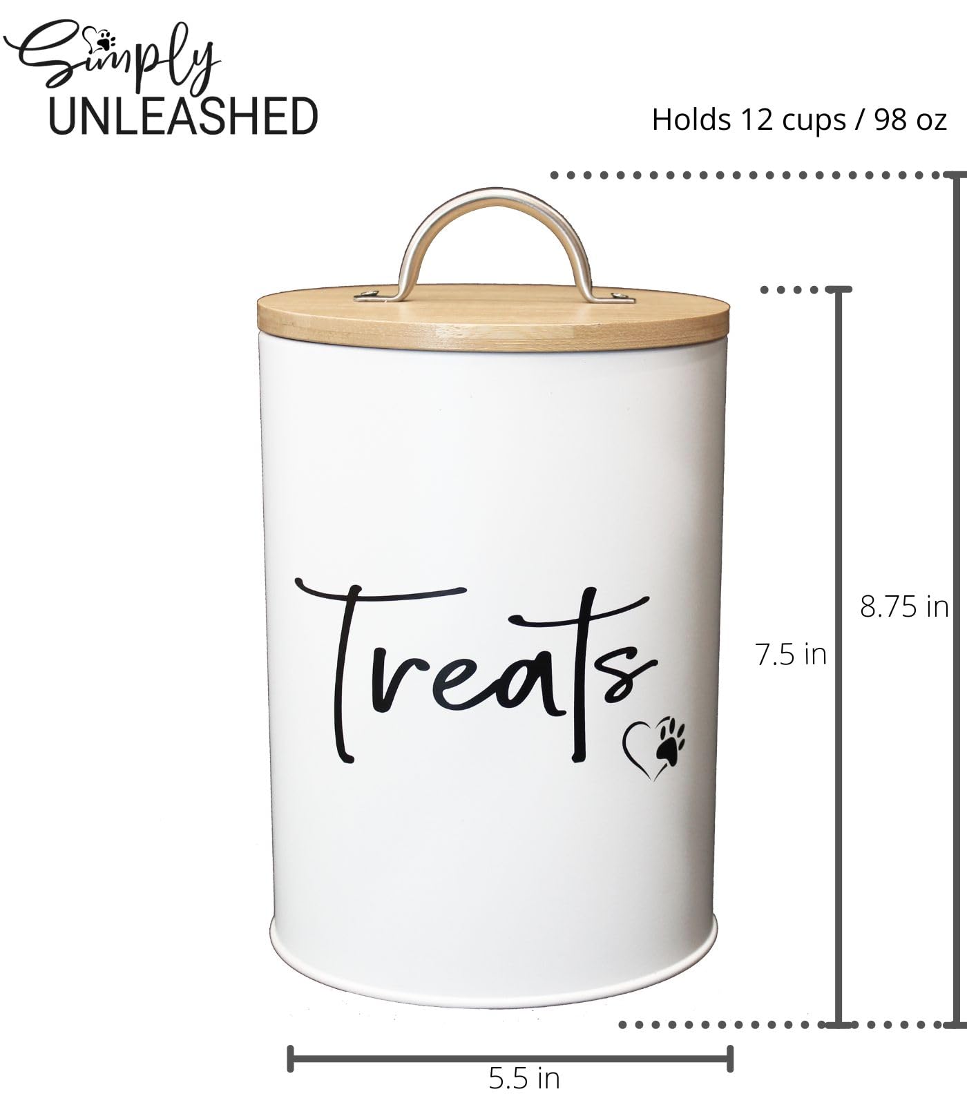 Simply Unleashed White Dog and Cat Treat Container with Easy to Open Bamboo Lid, 98 oz/12 cups
