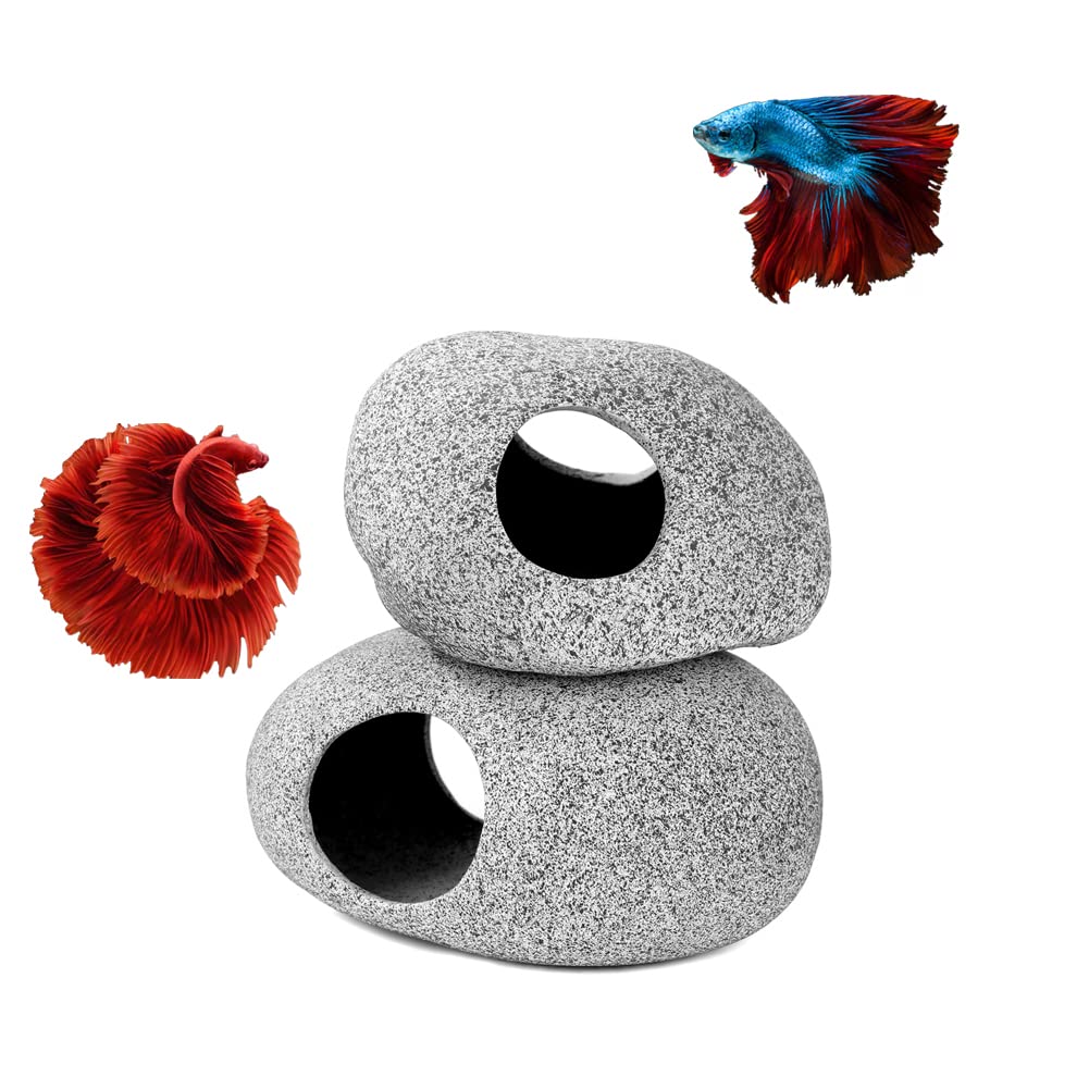 Aquazoo Premium Aquarium Decorations Rock Caves, Fish Tank Decorations, Fish Tank Rocks For Betta Cichlid Hiding Breeding Spawning, Professional Fish Hideout Decor For Territorial Fish (2 Pieces Set)