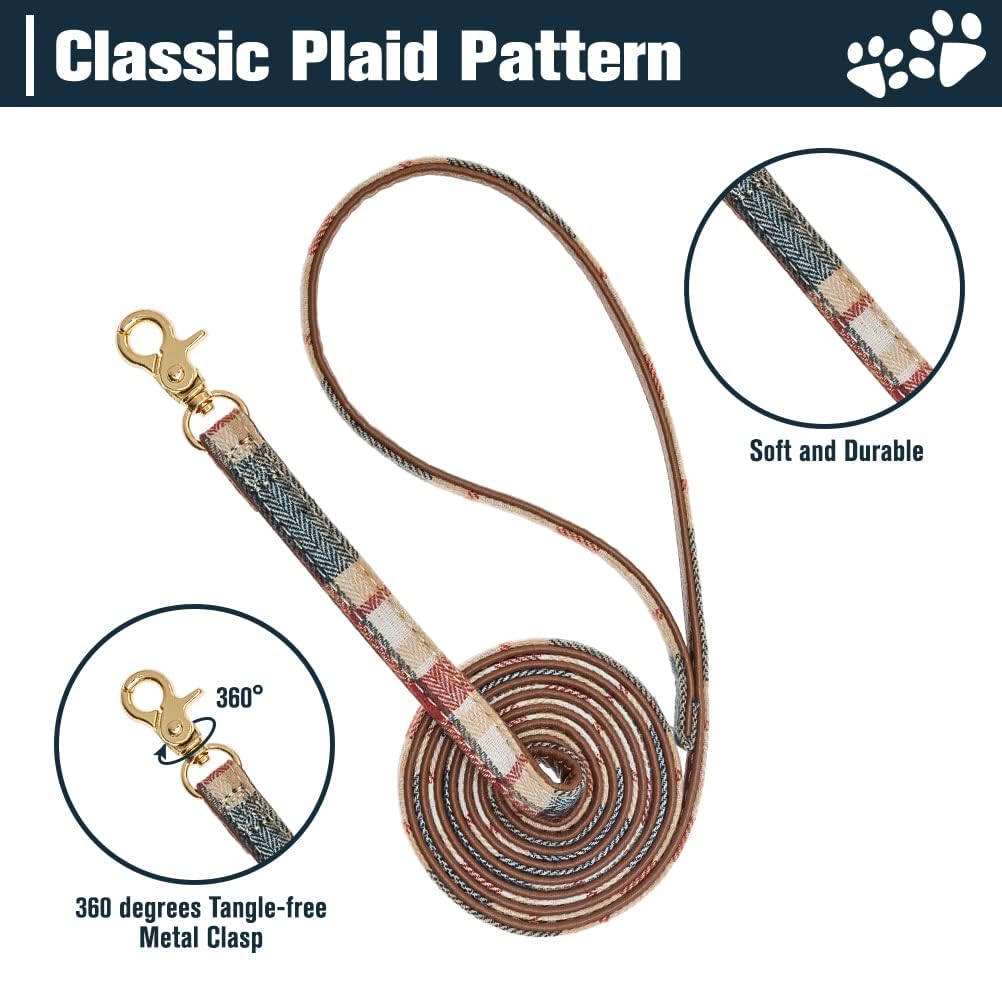 Expawlorer Puppy Collar And Leash Set - Embroidered Pawprints Plaid With Bow Tie, Bandana, And Bell For Dogs Cats Outdoor Walkin