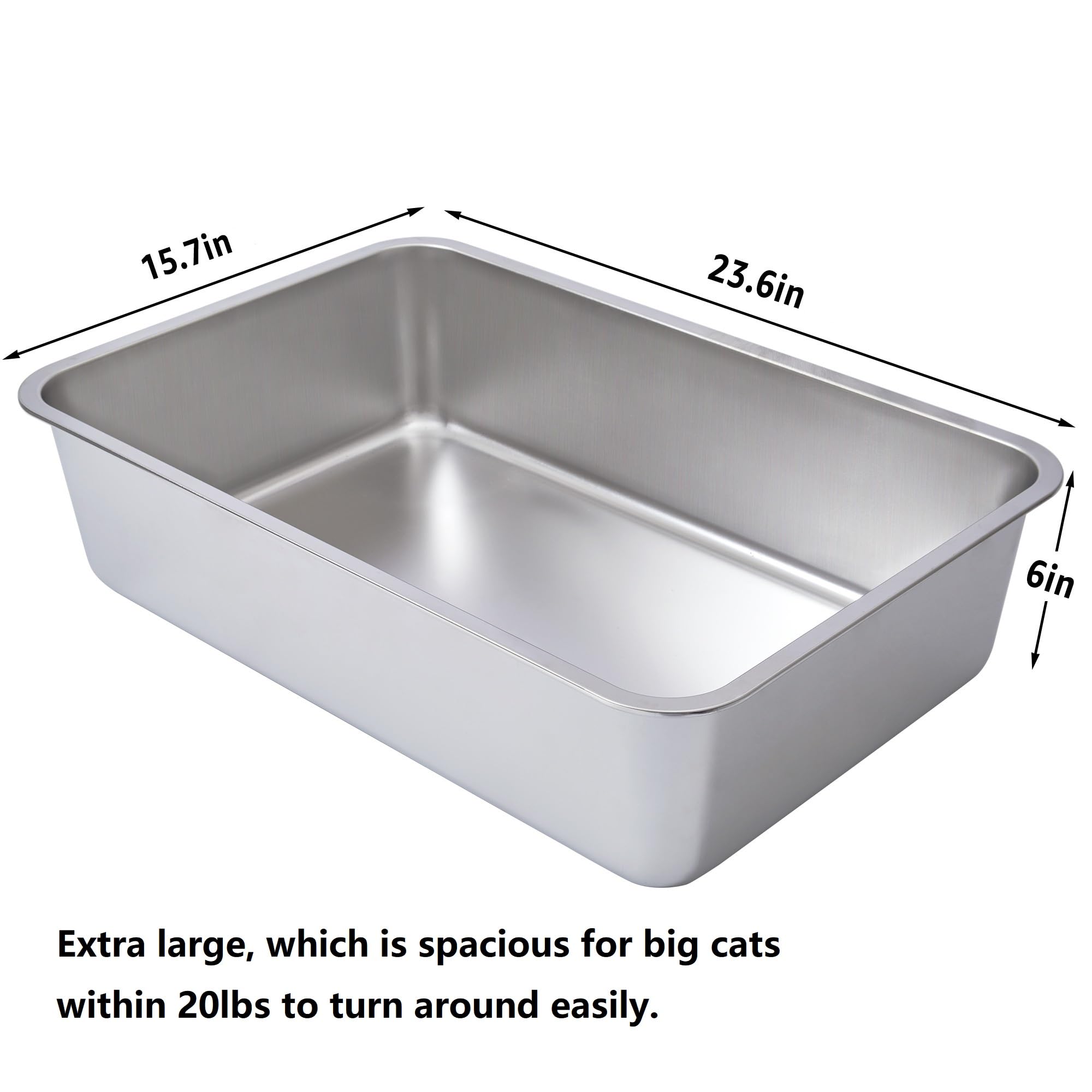 Nyutu Stainless Steel Litter Box Xl, 23.6''X15.8''X6'' (Deep) Extra Large Stainless Steel Cat Litterbox High Sides, Non Stick No