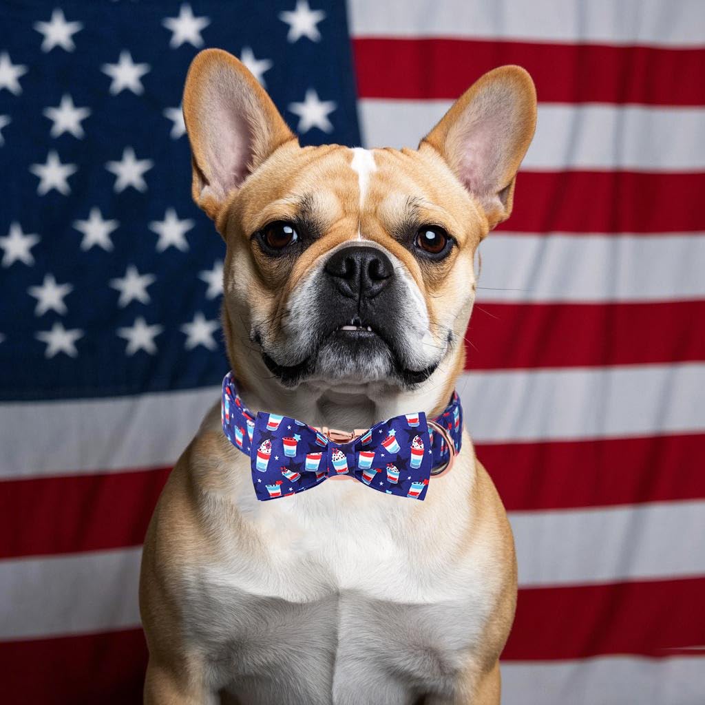 Babole Pet 4Th Of July Dog Collar With Bow Tie - American Flag Day Patriotic Dog Collars Blue Star Sundae Summer Bowtie Collar F