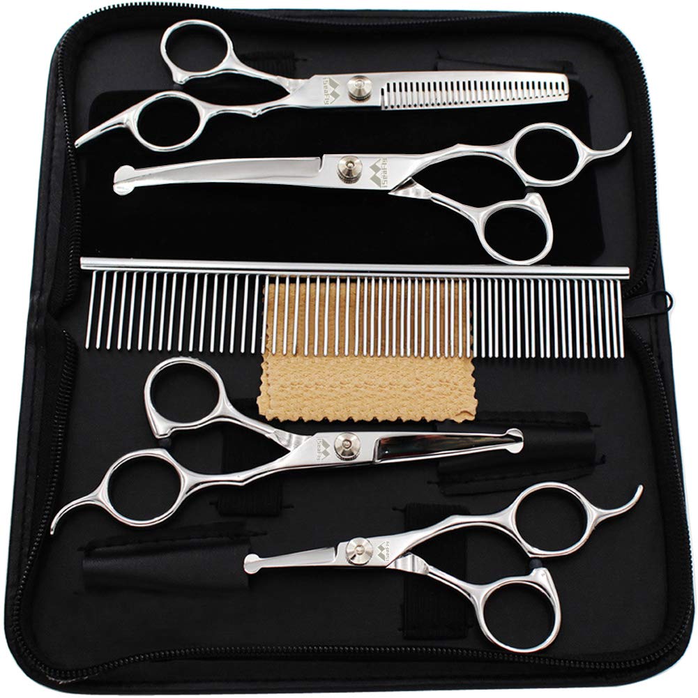 Dog Grooming Scissors Kit With Round Tip, Set Of 5 Cat Dog Scissors, Stainless Steel Pet Grooming Shears, Straight, Curved, Thin