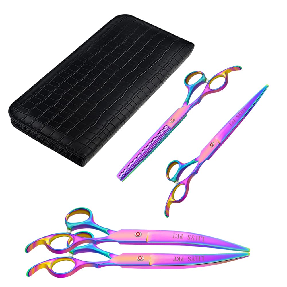 Lilys Pet Professional Pet Dog Grooming Coated Titanium Scissors Suit Cutting&Curved&Thinning Shears (7.0 Inches, Rainbow)