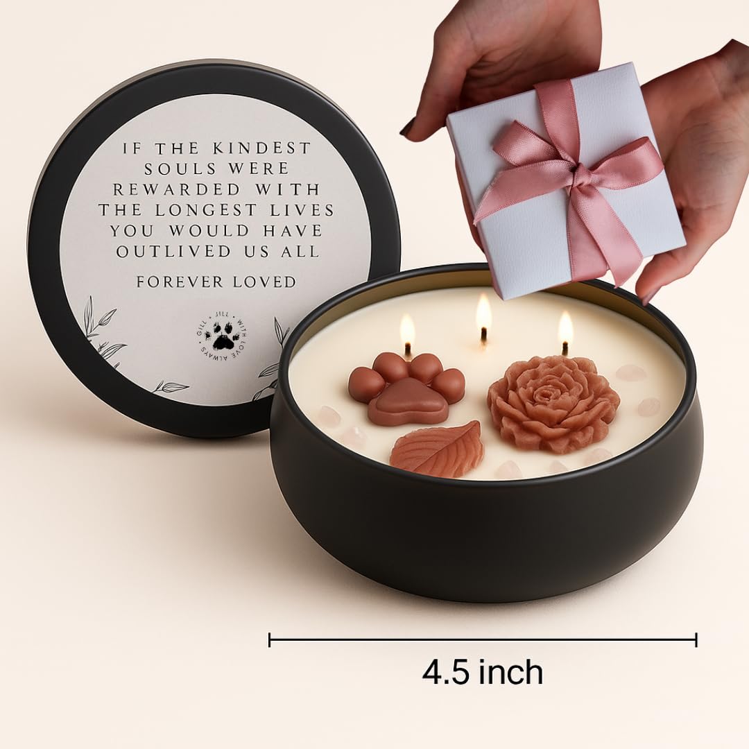 Paw Print Pet Loss Candle - Loss Of Dog Sympathy Gift, Bereavement Gifts For Dogs With Rose Quartz Stones, Clementine, Jasmine,