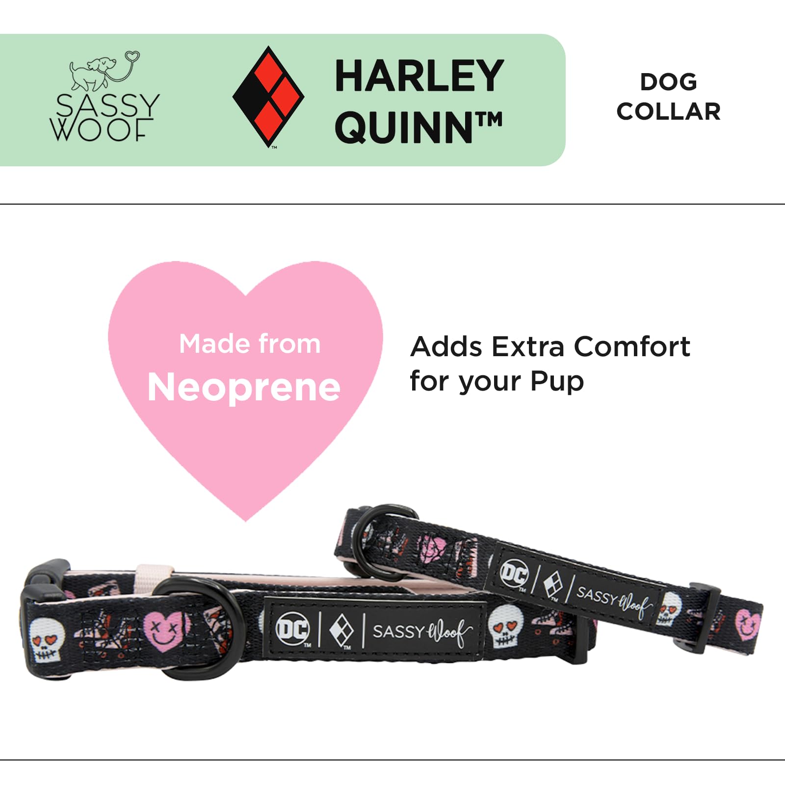 Sassy Woof Dog Collar Harley Quinn - L, Adjustable, Durable, Comfortable And Stylish Pet Accessories For Large Dogs - Officially