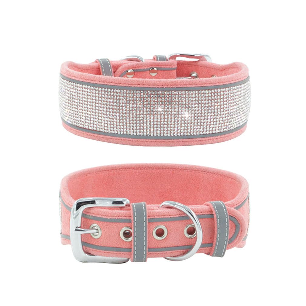 Pink Rhinestone Dog Collar For Medium Dogs, 2-Inch Wide Pretty Glitter Bling Dog Collar Diamond Sparkle Crystal Fancy Soft Pet G