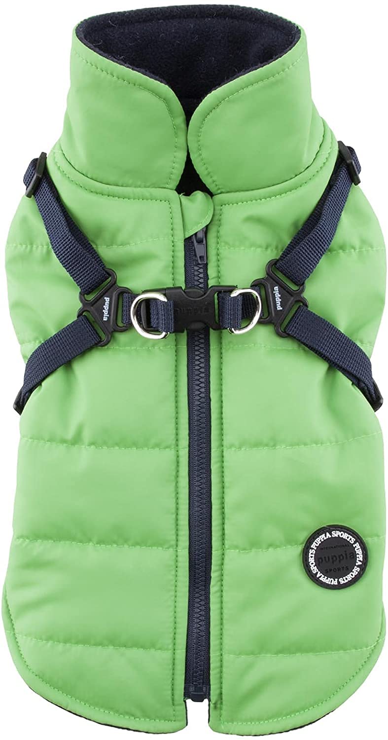 Puppia Mountaineer Winter Dog Coat With Integrated Harness No Pull Cold Weather Waterproof Warm Fleece Back Zipper For Small & Medium Dog, Green, Xx-Large