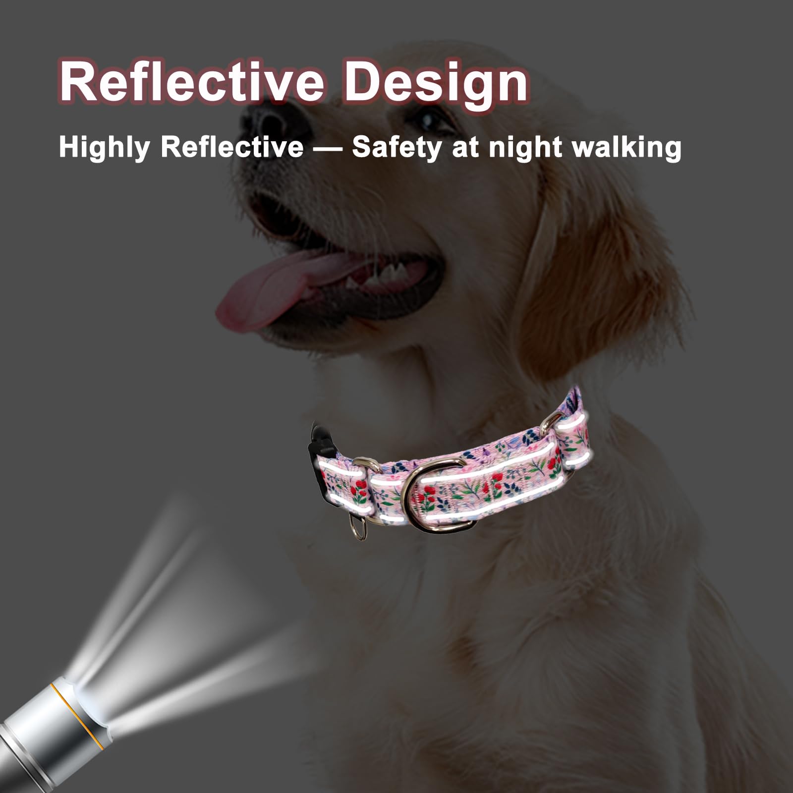 Fidohug Reflective Martingale Collar With Quick Release Buckle Anti Pulling Girl Female Dog Collars (Pink Flowers Plants, Medium