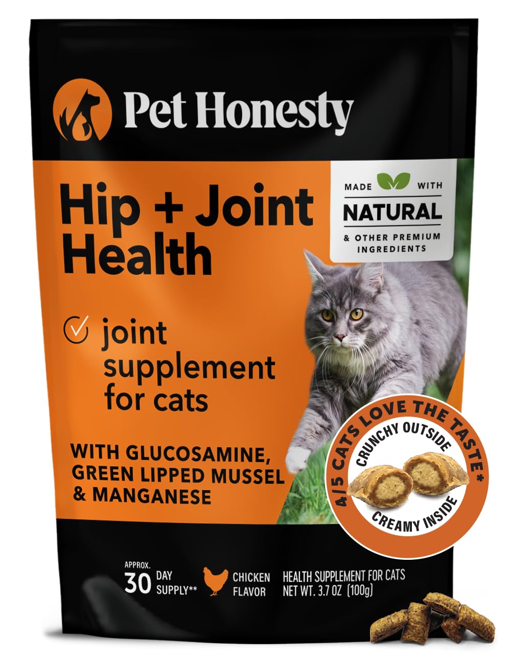 Pet Honesty Cat Hip & Joint Health Chews - Glucosamine For Cats, Cat Joint Support Supplement, Cat Health Supplies & Hip Support, Cat Vitamins For Indoor Cats & Outdoor Cats - Chicken (30-Day Supply)