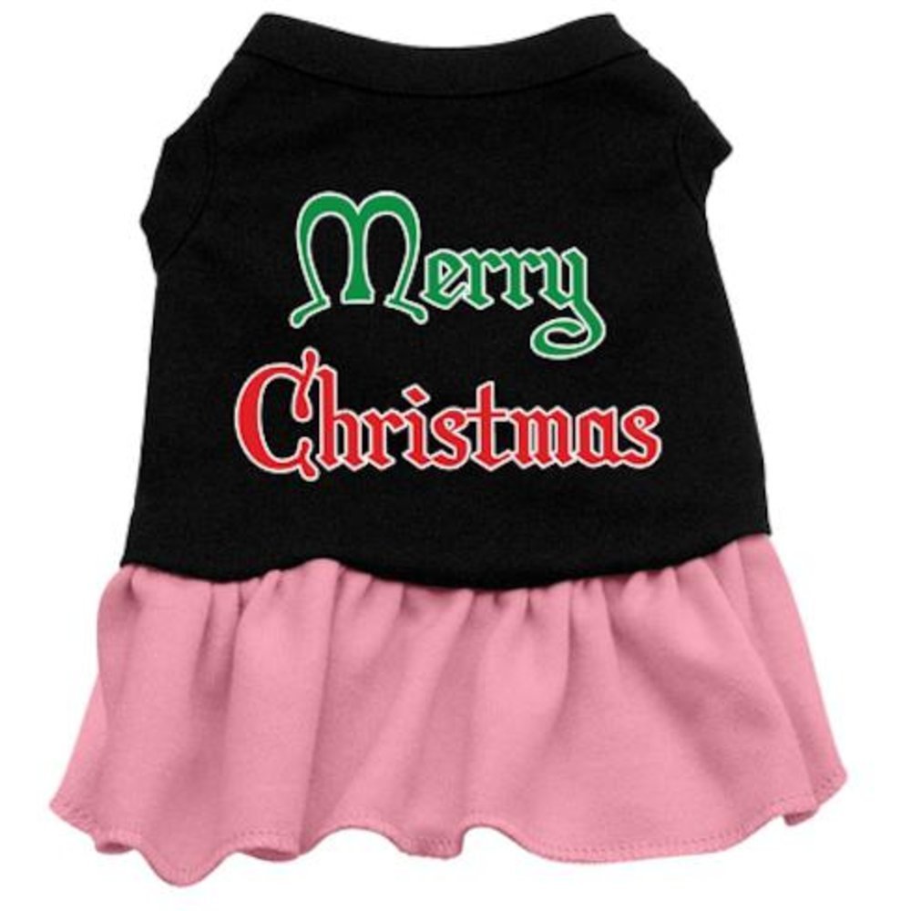 Christmas Pet Dog & Cat Dress Screen Printed, 'Merry Christmas' Black W/Light Pink Sm (3-6 Lbs.)
