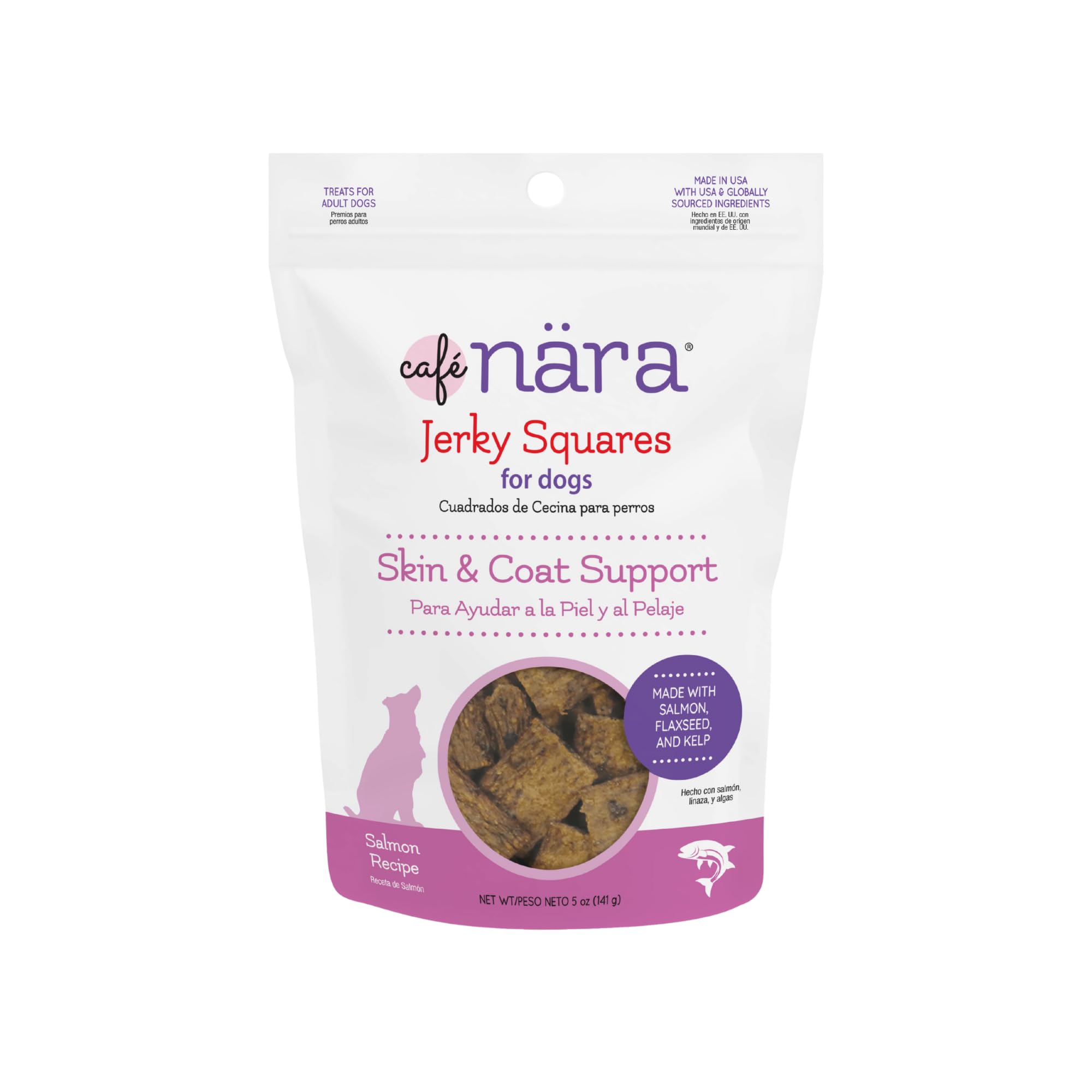 Caf   Nara Jerky Squares Skin & Coat Support Dog Treats - Salmon Flavor - with Flaxseed & Kelp - All-Natural Recipe - Grain, Whe