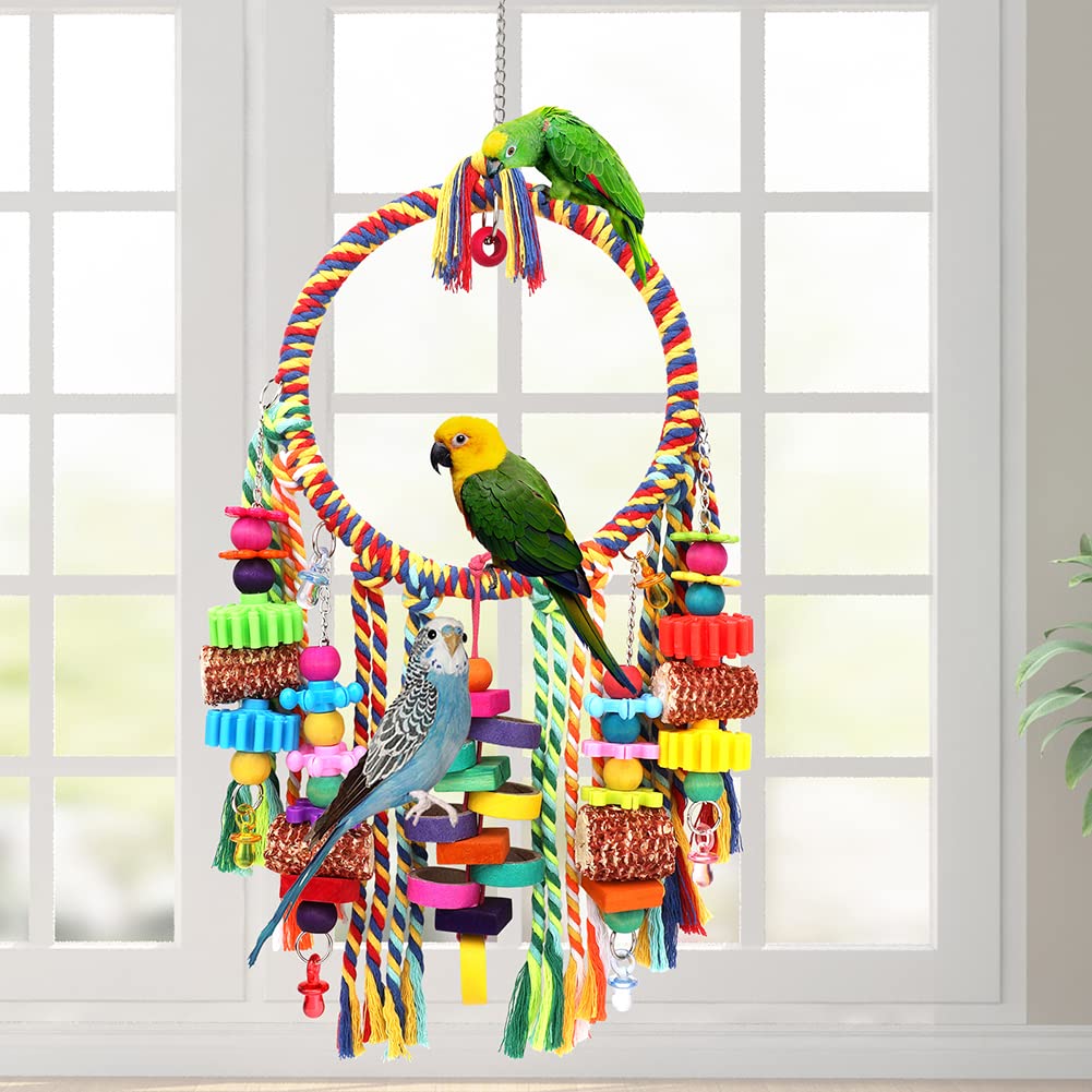 Bird Toys Bird Rope Ring Swing Perch With Corn Cob Cardboard Bagels Wooden Blocks Chewing Toys For Parakeets,Cockatiels,Conure,L