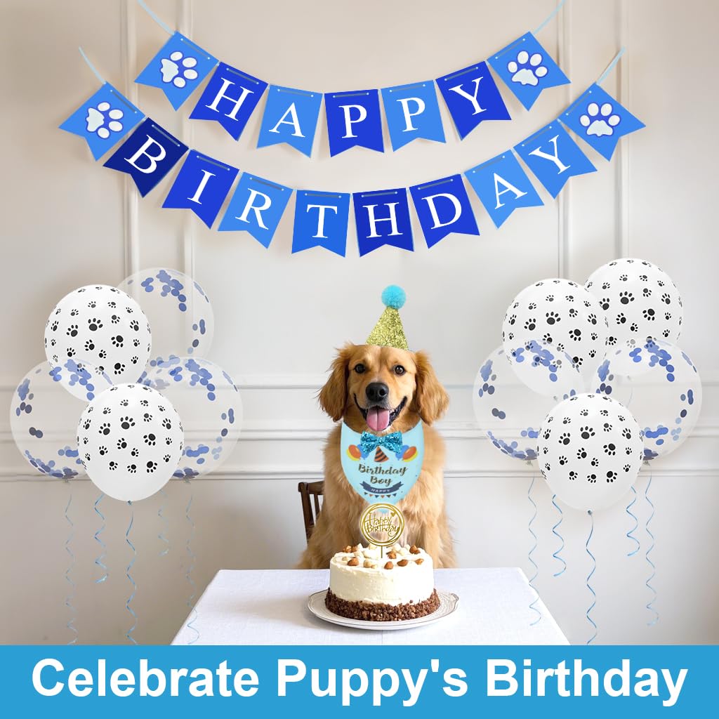 Enmaipet Dog Birthday Party Supplies, Blue Dog Bandana Set With Hat, Scarf, Banner, Balloons And Bowtie For Small To Large Dogs
