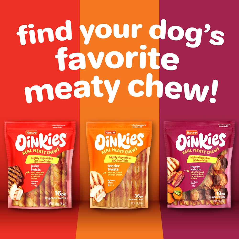 Hartz Oinkies Rawhide-Free Tender Treats Wrapped with Chicken Dog Treats Chews, 18 Count, Highly Digestible, No Artificial Flavo
